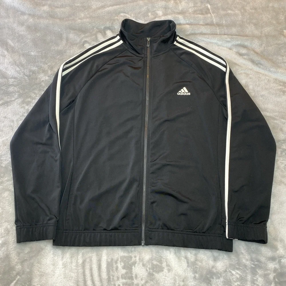 adidas Track Jacket Mens XL Black BK4658 3-Stripe Full Zip Mock Neck Sportswear